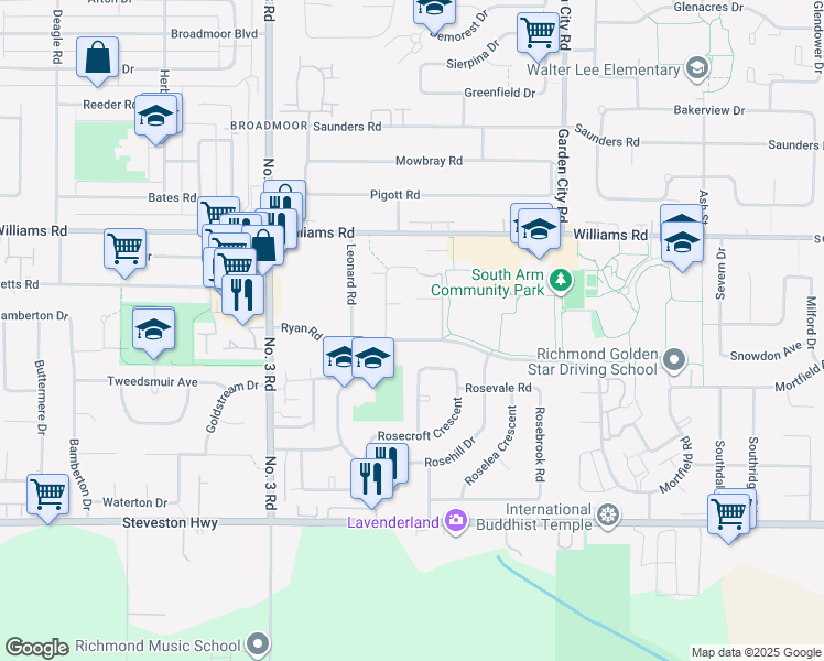 map of restaurants, bars, coffee shops, grocery stores, and more near 8491 Ryan Road in Richmond
