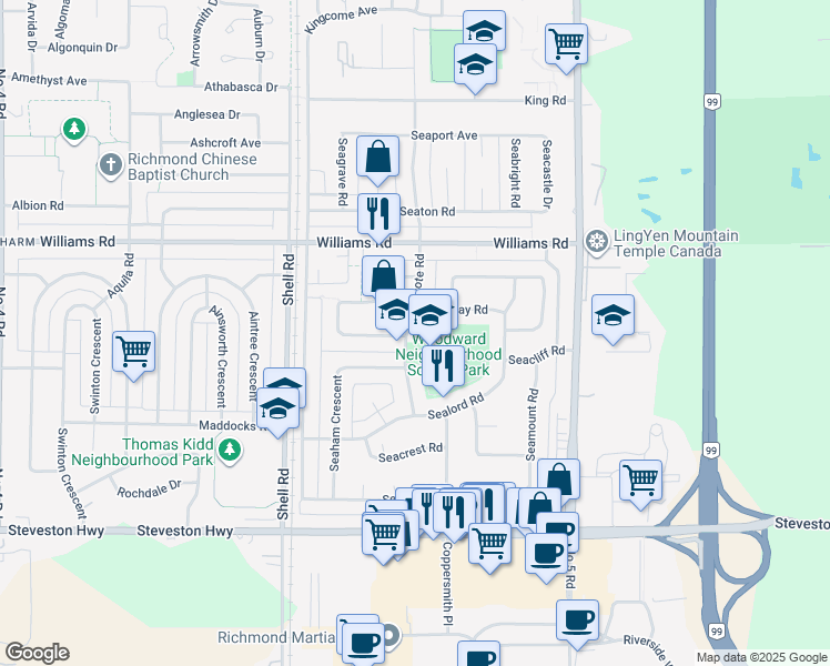 map of restaurants, bars, coffee shops, grocery stores, and more near 10260 Seacote Road in Richmond