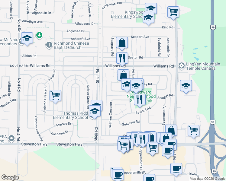 map of restaurants, bars, coffee shops, grocery stores, and more near 11440 Seafield Crescent in Richmond