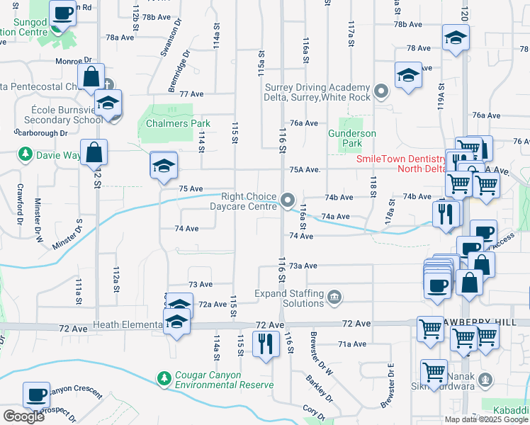 map of restaurants, bars, coffee shops, grocery stores, and more near 11577 Parkwood Place in Delta