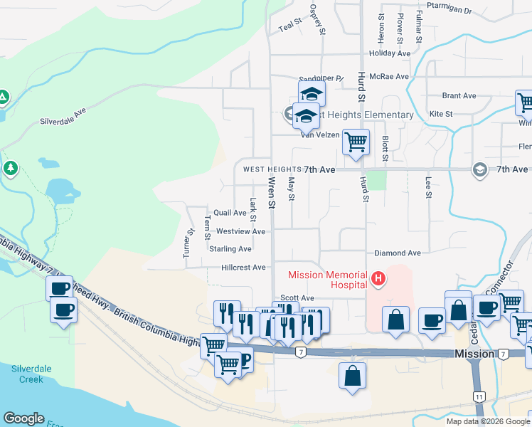 map of restaurants, bars, coffee shops, grocery stores, and more near 7513 Wren Street in Mission