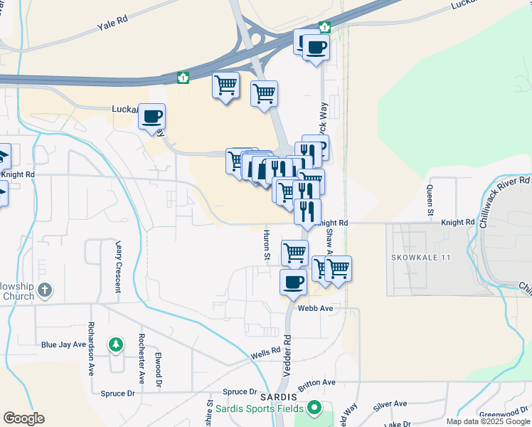 map of restaurants, bars, coffee shops, grocery stores, and more near 45645 Knight Road in Chilliwack