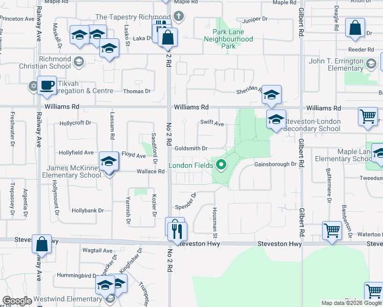 map of restaurants, bars, coffee shops, grocery stores, and more near 6200 Goldsmith Drive in Richmond