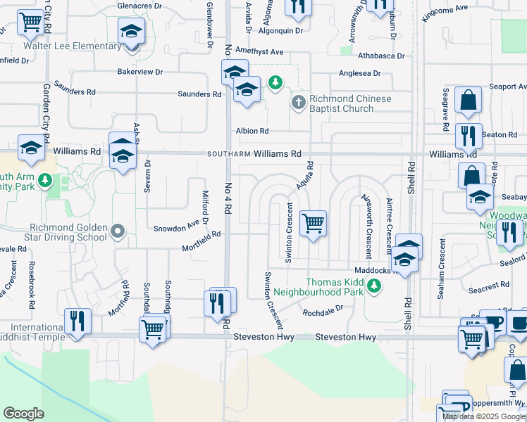 map of restaurants, bars, coffee shops, grocery stores, and more near 10451 Swinton Crescent in Richmond