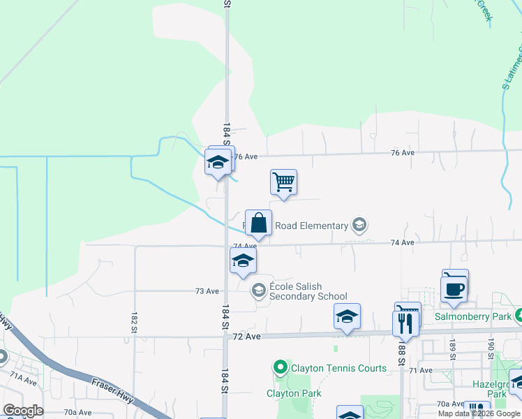 map of restaurants, bars, coffee shops, grocery stores, and more near 7475 185 Street in Surrey