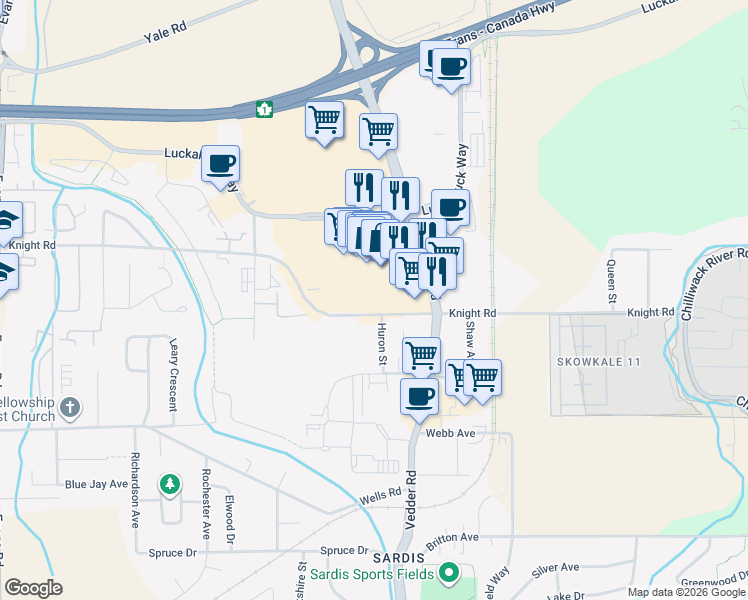 map of restaurants, bars, coffee shops, grocery stores, and more near 45555 Knight Road in Chilliwack