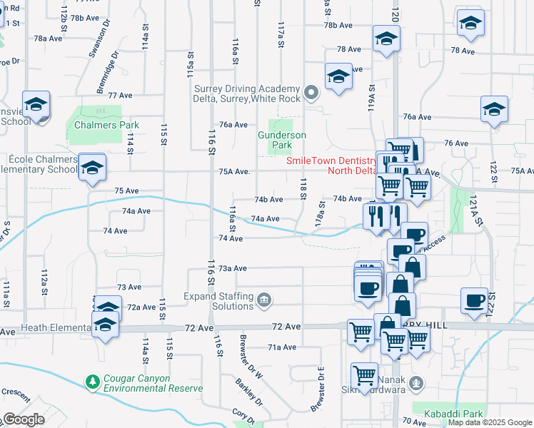 map of restaurants, bars, coffee shops, grocery stores, and more near 11721 74A Avenue in Delta