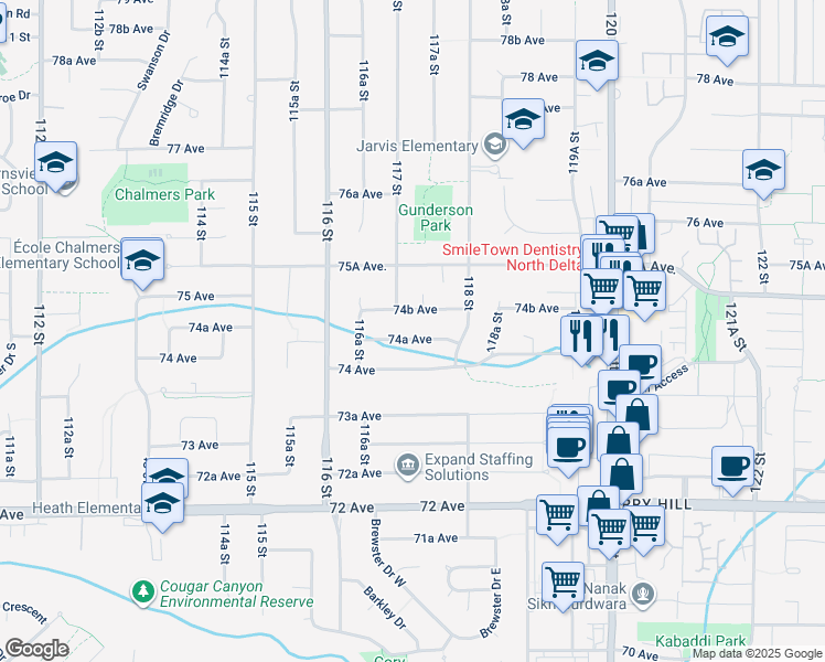 map of restaurants, bars, coffee shops, grocery stores, and more near 11721 74A Avenue in Delta