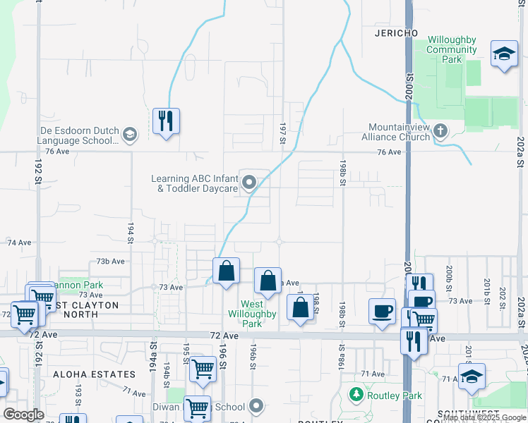 map of restaurants, bars, coffee shops, grocery stores, and more near 19678 75 Avenue in Langley Township