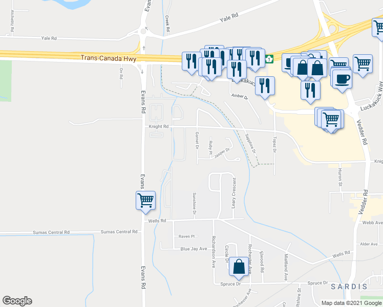 map of restaurants, bars, coffee shops, grocery stores, and more near 7505 Garnet Drive in Chilliwack