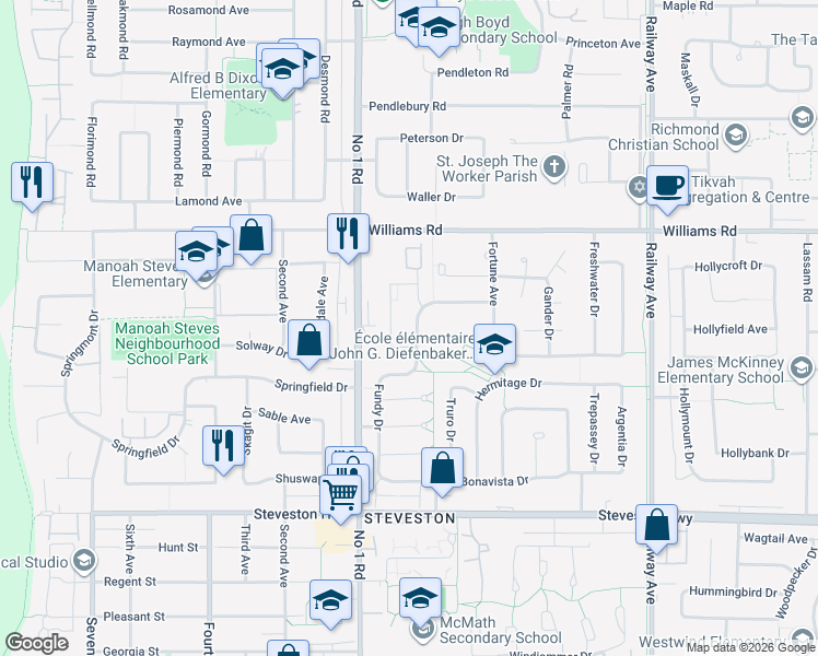 map of restaurants, bars, coffee shops, grocery stores, and more near 10291 Fundy Drive in Richmond
