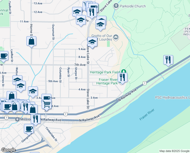 map of restaurants, bars, coffee shops, grocery stores, and more near 33686 5A Avenue in Mission