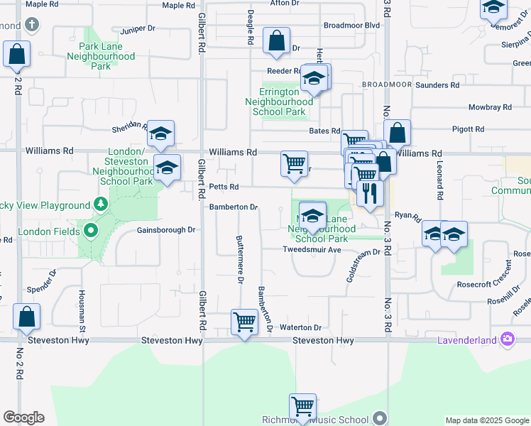 map of restaurants, bars, coffee shops, grocery stores, and more near 10340 Bamberton Drive in Richmond