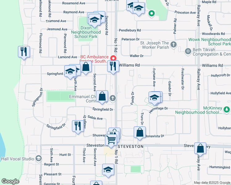 map of restaurants, bars, coffee shops, grocery stores, and more near 10171 Number 1 Road in Richmond