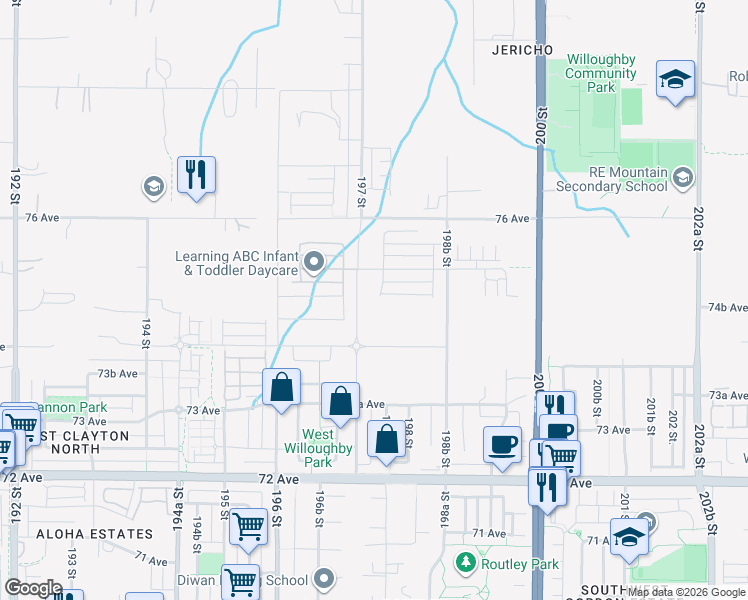 map of restaurants, bars, coffee shops, grocery stores, and more near 7485 197A Street in Langley Township