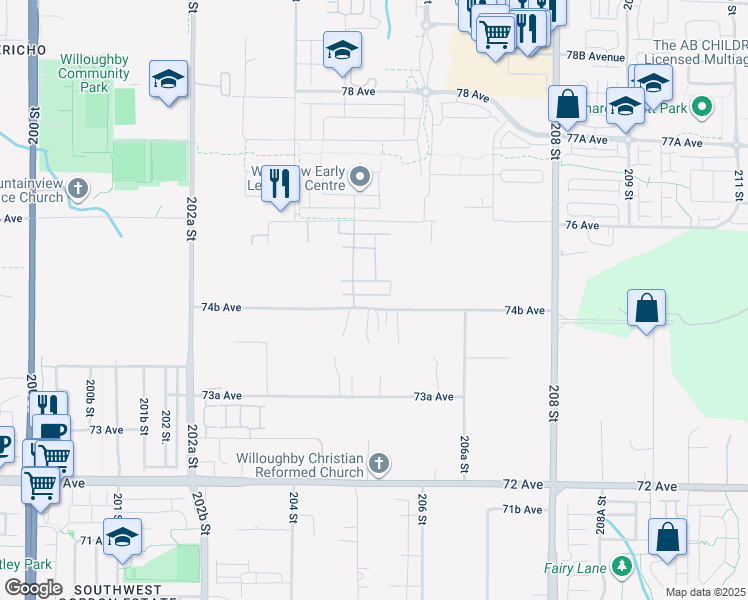 map of restaurants, bars, coffee shops, grocery stores, and more near 20535 74B Avenue in Langley Township