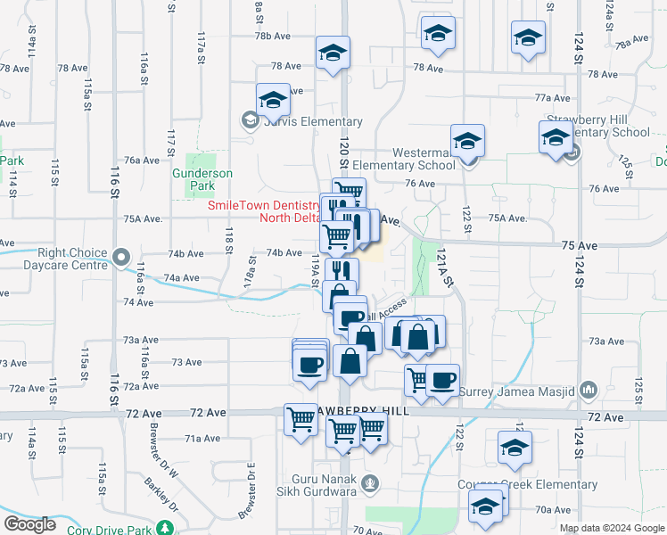 map of restaurants, bars, coffee shops, grocery stores, and more near 7500 120 Street in Surrey