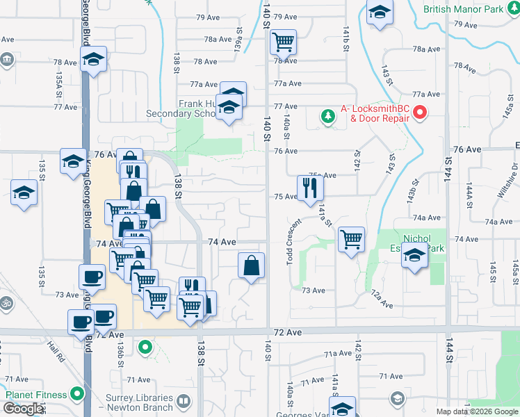 map of restaurants, bars, coffee shops, grocery stores, and more near in Surrey