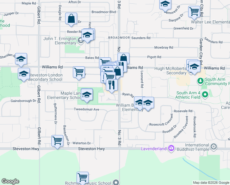 map of restaurants, bars, coffee shops, grocery stores, and more near 10391 Number 3 Road in Richmond