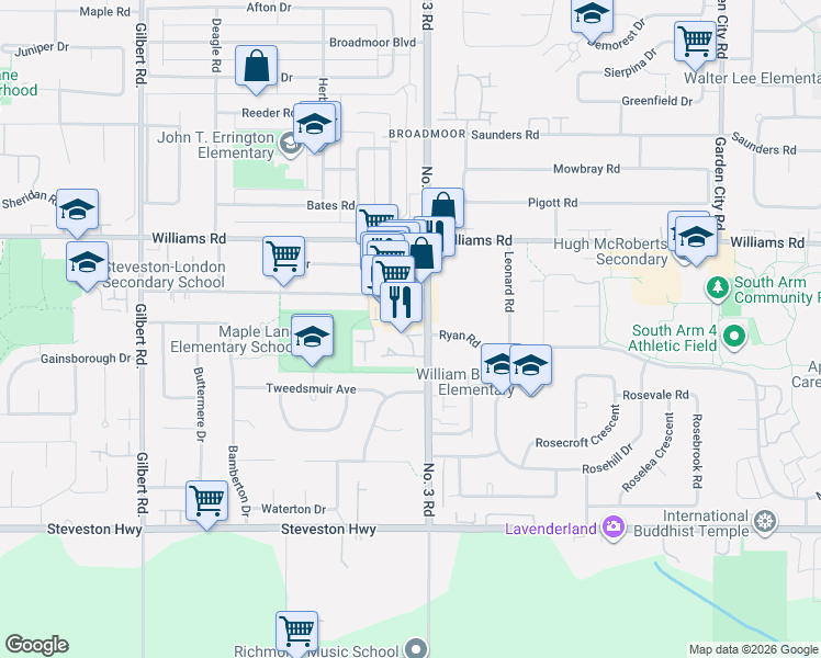 map of restaurants, bars, coffee shops, grocery stores, and more near 10391 Number 3 Road in Richmond