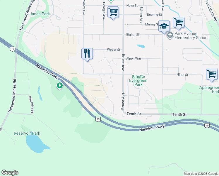 map of restaurants, bars, coffee shops, grocery stores, and more near 507 Ninth Street in Nanaimo