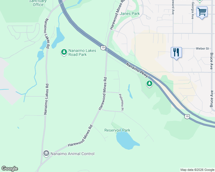 map of restaurants, bars, coffee shops, grocery stores, and more near 1053 Palomino Place in Nanaimo