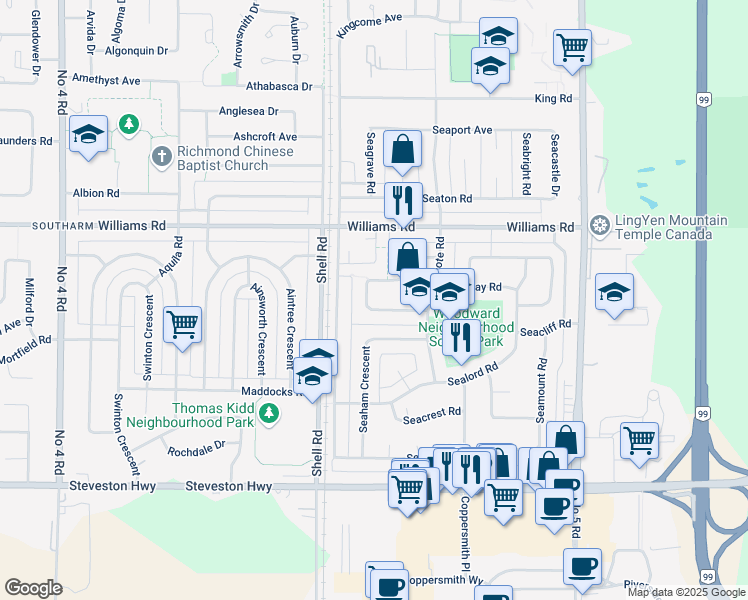map of restaurants, bars, coffee shops, grocery stores, and more near 11400 Seafield Crescent in Richmond