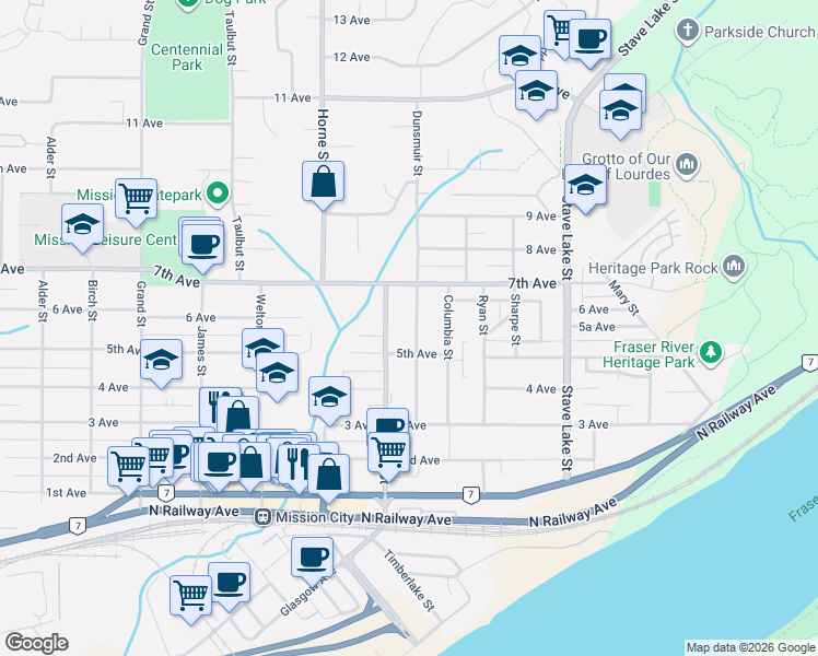 map of restaurants, bars, coffee shops, grocery stores, and more near 7531 Dunsmuir Street in Mission