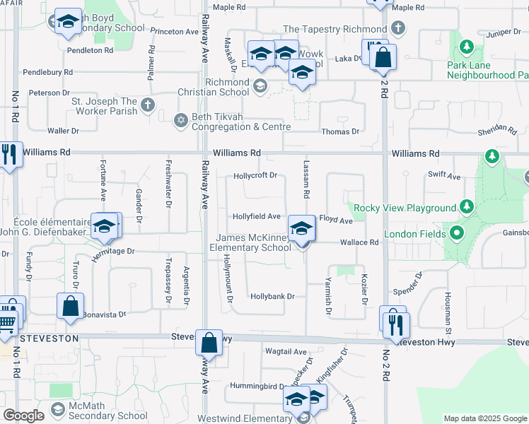 map of restaurants, bars, coffee shops, grocery stores, and more near 5217 Hollyfield Avenue in Richmond