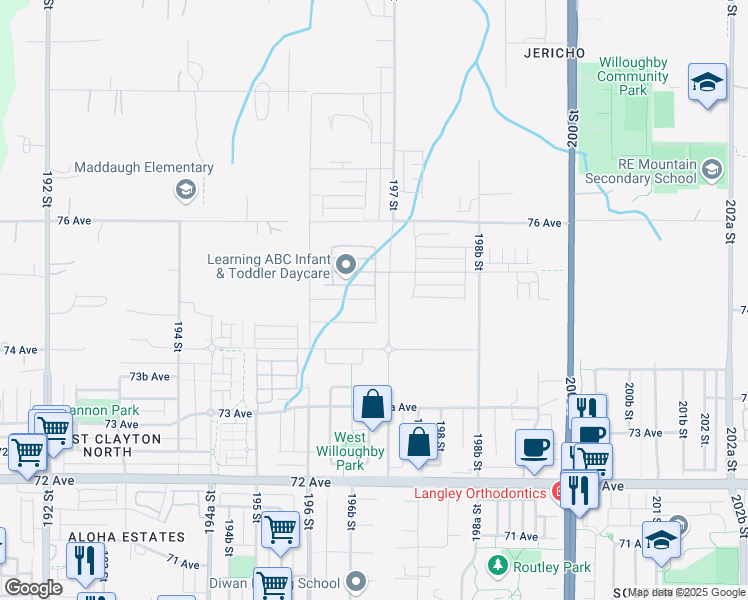 map of restaurants, bars, coffee shops, grocery stores, and more near 19681 75 Avenue in Langley Township