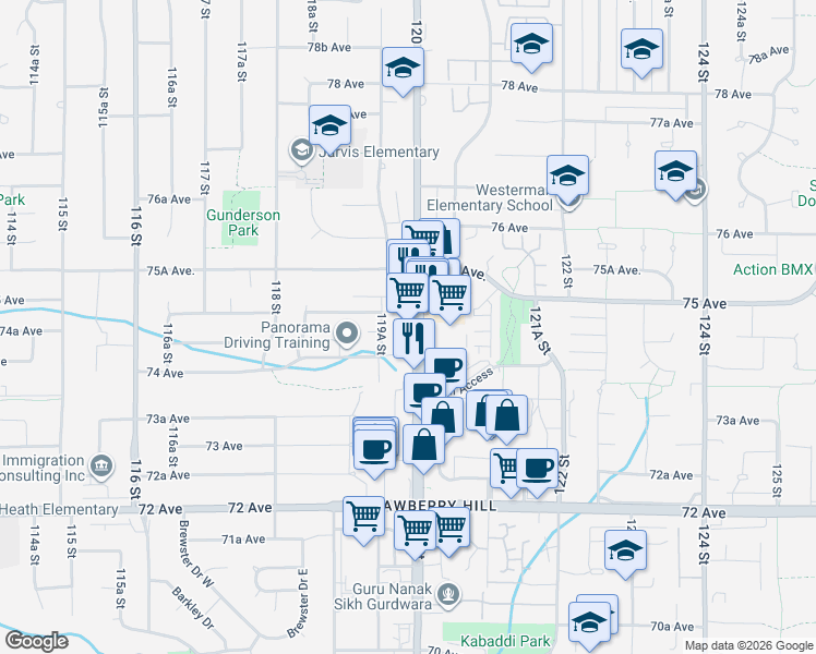 map of restaurants, bars, coffee shops, grocery stores, and more near 7445 120 Street in Delta
