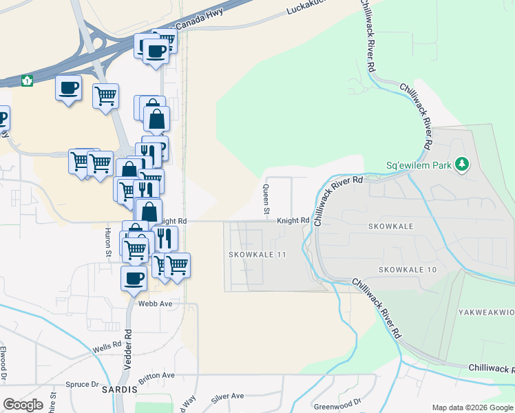 map of restaurants, bars, coffee shops, grocery stores, and more near 45961 Knight Road in Chilliwack