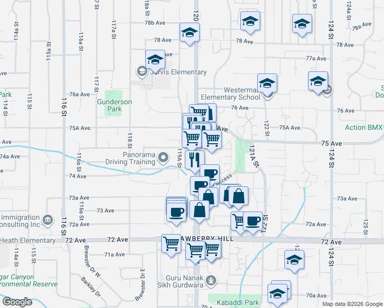 map of restaurants, bars, coffee shops, grocery stores, and more near 7500 120 Street in Surrey
