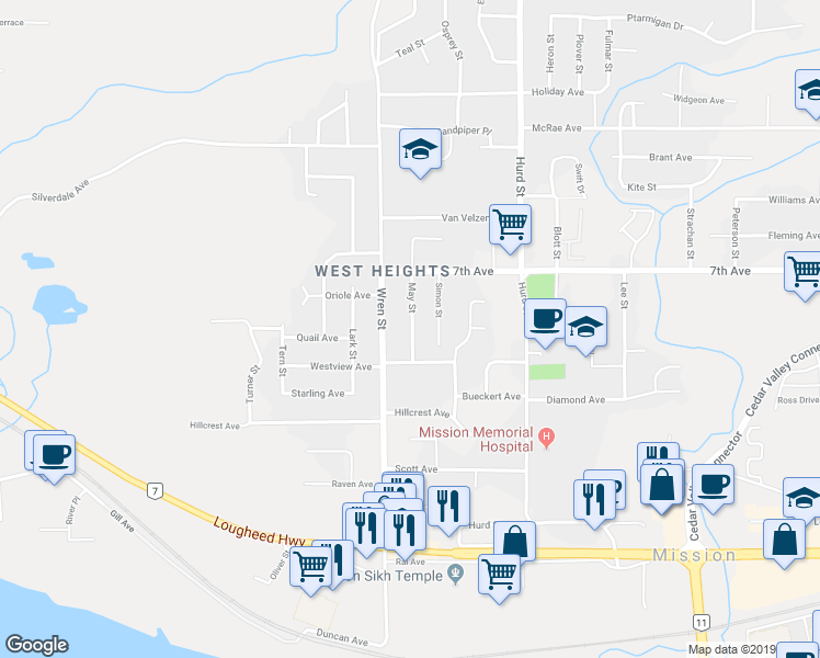 map of restaurants, bars, coffee shops, grocery stores, and more near 7523 May Street in Mission