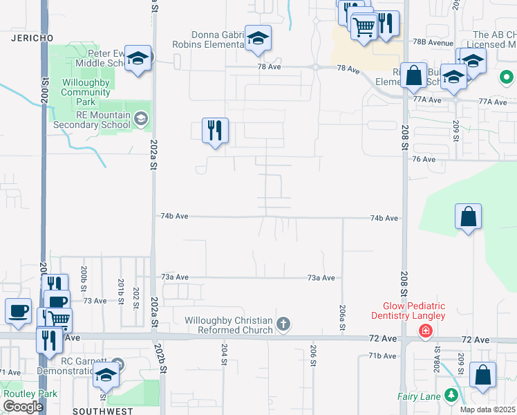 map of restaurants, bars, coffee shops, grocery stores, and more near 20489 74B Avenue in Langley Township