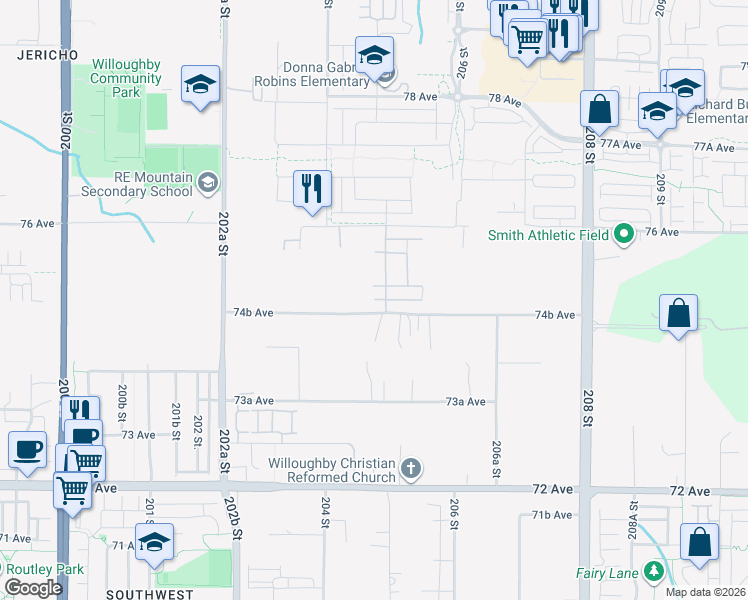 map of restaurants, bars, coffee shops, grocery stores, and more near 20487 74B Avenue in Langley Township