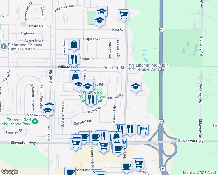 map of restaurants, bars, coffee shops, grocery stores, and more near 11760 Sealord Road in Richmond