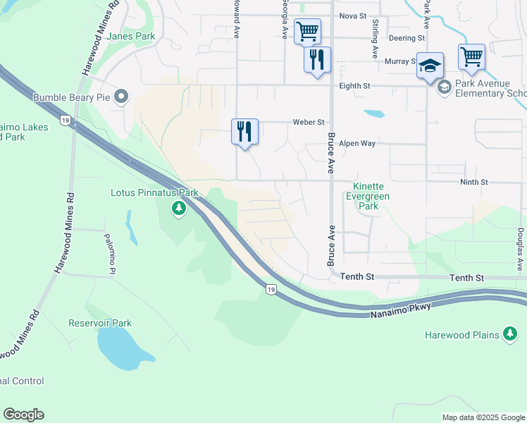 map of restaurants, bars, coffee shops, grocery stores, and more near 540 Grewal Place in Nanaimo