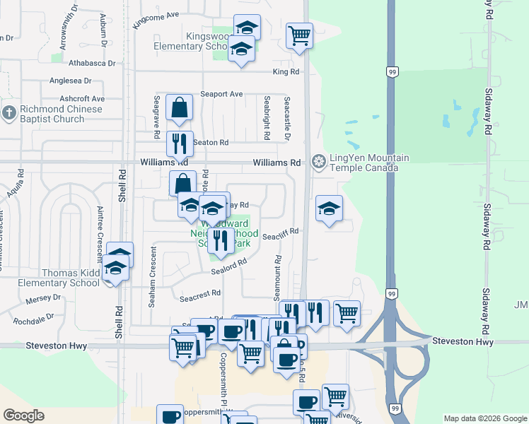 map of restaurants, bars, coffee shops, grocery stores, and more near 11760 Sealord Road in Richmond