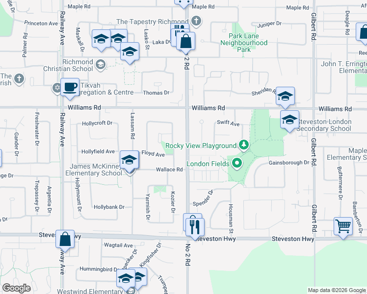 map of restaurants, bars, coffee shops, grocery stores, and more near 10233 Number 2 Road in Richmond