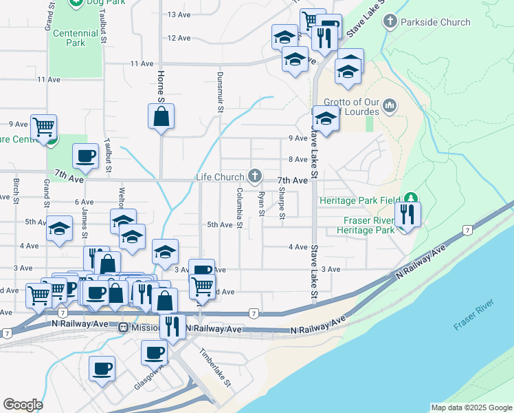 map of restaurants, bars, coffee shops, grocery stores, and more near 7539 Ryan Street in Mission