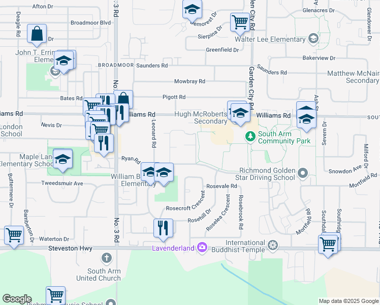 map of restaurants, bars, coffee shops, grocery stores, and more near 8471 Ryan Road in Richmond