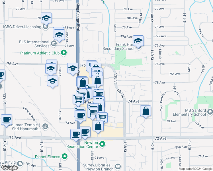 map of restaurants, bars, coffee shops, grocery stores, and more near in Surrey