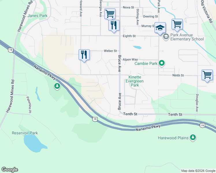 map of restaurants, bars, coffee shops, grocery stores, and more near 507 Ninth Street in Nanaimo