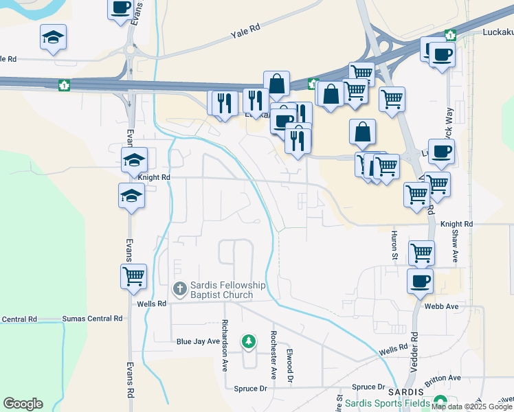 map of restaurants, bars, coffee shops, grocery stores, and more near 45342 Jasper Drive in Chilliwack
