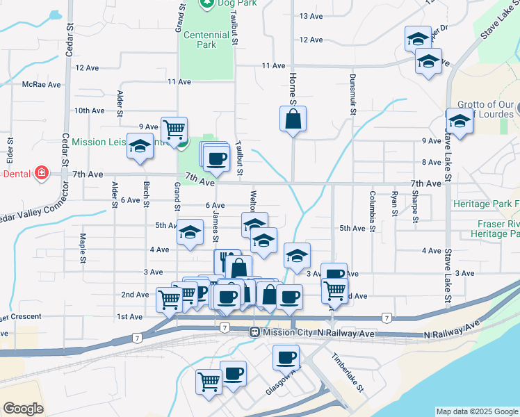 map of restaurants, bars, coffee shops, grocery stores, and more near 7540 Welton Street in Mission