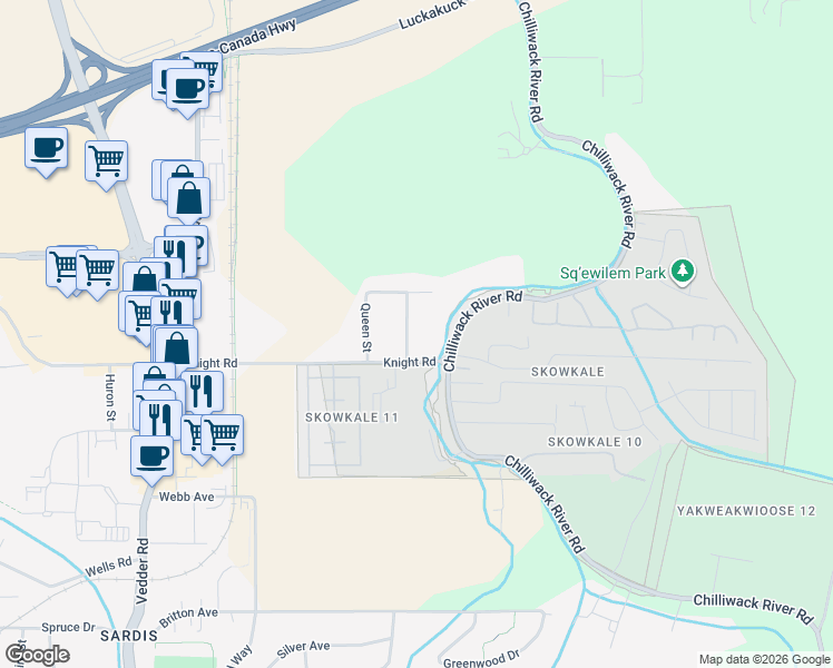 map of restaurants, bars, coffee shops, grocery stores, and more near 7532 Melville Street in Chilliwack