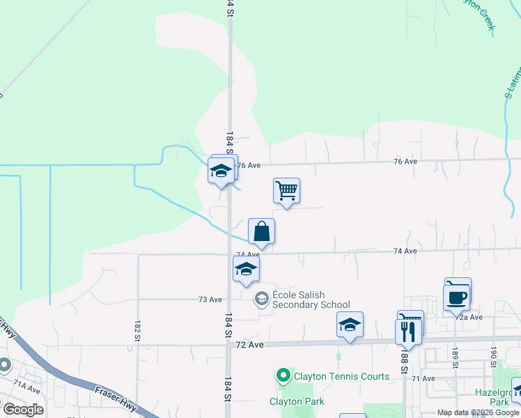 map of restaurants, bars, coffee shops, grocery stores, and more near 7485 185 Street in Surrey