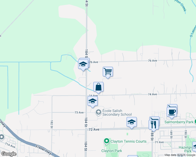 map of restaurants, bars, coffee shops, grocery stores, and more near 7485 185 Street in Surrey