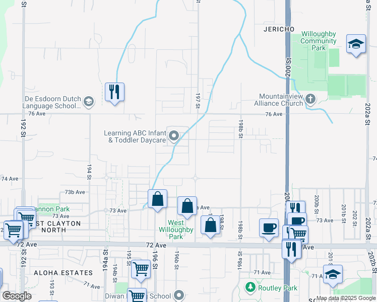 map of restaurants, bars, coffee shops, grocery stores, and more near 7495 197 Street in Langley Township